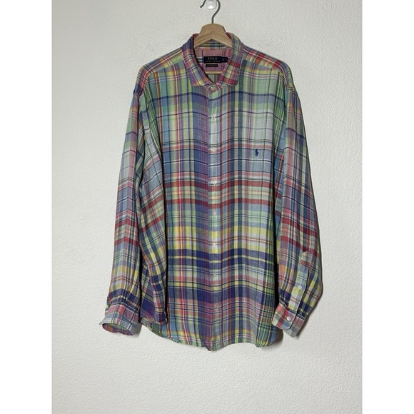Polo Ralph Lauren 100% Linen Shirt Mens 2XB Plaid Colorful Long Sleeve - Picture 1 of 6